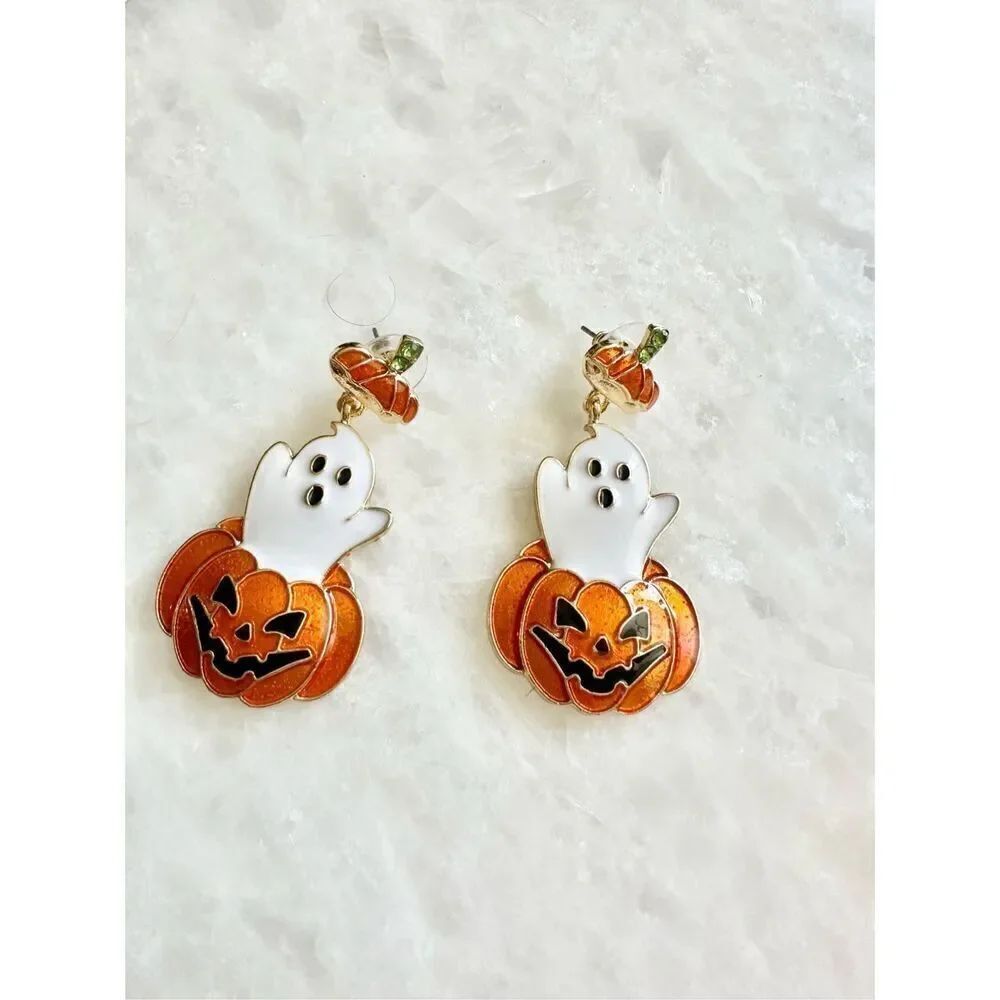 Ghost Pumpkin Jack O Lantern Halloween Dangle Earrings Cute Fall Jewelry NWT